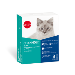 CHANHOLD Solution Spot-on pour Chat Traitement Antiparasitaire-Boite verte et bleu avec un chat blanc.