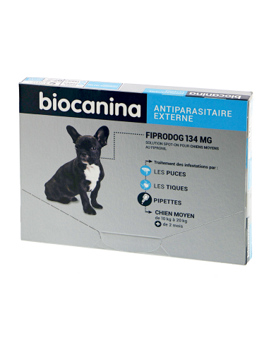 Antiparasitaire BIOCANINA Fiprodog Chien Moyen 10 à 20kg-boîte grise et bleu antiparasitaire pour chien de 10 à 20 kg