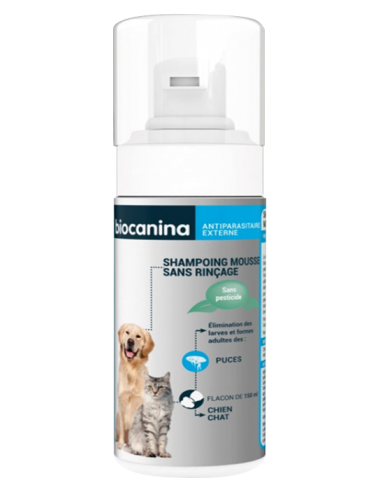 BIOCANINA Shampoing Mousse - Flacon spray grise, blanc et bleu avec un chien et un chat