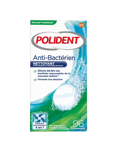 POLIDENT Comprimés Nettoyant Anti-bactérien - Boîte blanche, bleue et verte