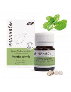 PRANAROM Perles d'huile essentielle de Menthe Poivrée Bio-Boite verte et blanche, flacon en verre ambré et perles