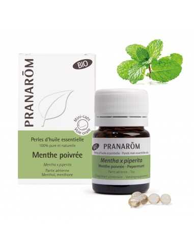 PRANAROM Perles d'huile essentielle de Menthe Poivrée Bio-Boite verte et blanche, flacon en verre ambré et perles