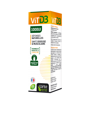 SANTE VERTE VITAMINE D3 1000UI - Complément alimentaire spray-Boîte spray blanche avec orange et vert