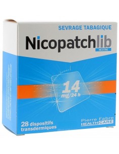 NICOPATCHLIB 28 Patchs Anti-Tabac Nicotine 14mg - Boite blanche et bleue avec une bande orange