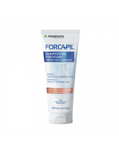 FORCAPIL Shampoing fortifiant Keratine-tube blanc et bleu, dessin de cheveux