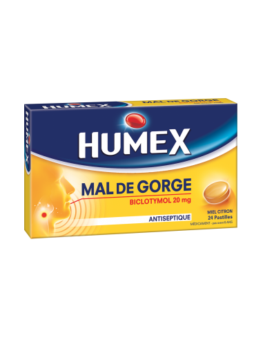 HUMEX Pastilles Mal de Gorge Biclotymol Miel Citron - Boîte jaune et bleue , avec image d'une pastille et d'une tête de profil