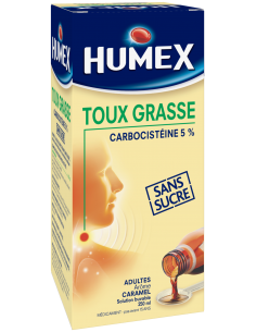HUMEX Toux Grasse Carbocistéine 5%-boite beige et bleue, illustration visage de profil
