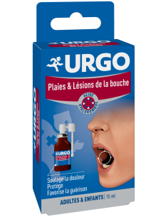 URGO Spray plaies et lésions de la bouche - Boite bleu et rouge, avec image du spray et d'une bouche