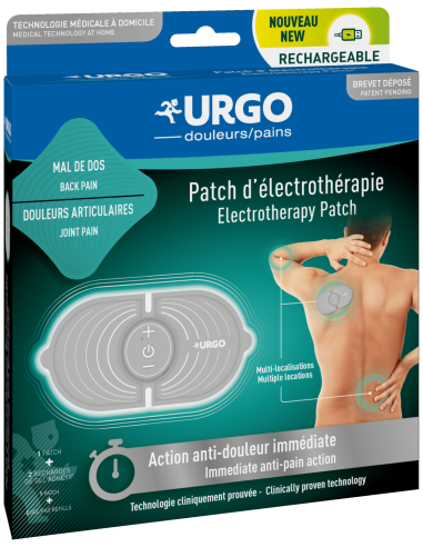URGO Patch d'électrothérapie rechargeable-boite bleue, image personne de dos qui se tient la nuque avec patch sur l'omoplate