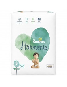 Couches Harmonie PAMPERS Taille 3 pour bébé de 6 - 10kg origine végétale-paque blanc avec un coeur vert et un bébé.