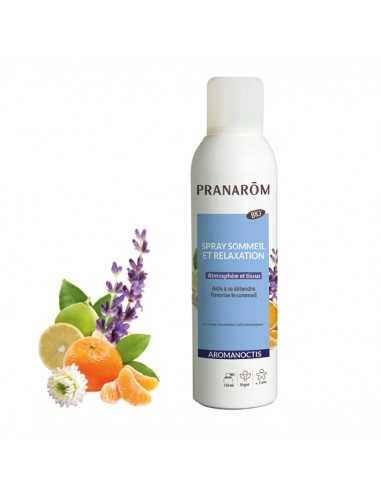 PRANAROM Spray Sommeil et Relaxation BIO - Spray blanc et bleu avec image de fruits et de plantes