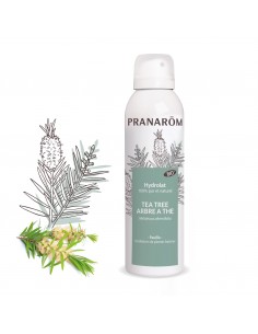PRANAROM Hydrolat Tea Tree bio-flacon spray blanc, étiquette vert devant des motifs floraux