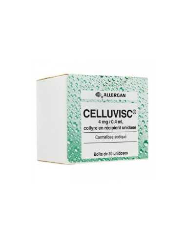 CELLUVISC Collyre 4mg/0,4 ml-Boîte verte et blanche avec gouttes d'eau