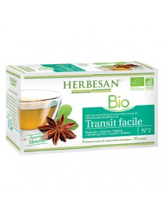 HERBESAN Transit Facile Bio - Boite blanche et verte avec une tasse de tisane, une feuille de menthe et une fleur d'anis