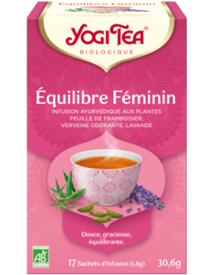 YOGI TEA Equilibre féminin - Infusion BIO framboise, verveine et lavande-boîte rose avec un bol d'infusion.