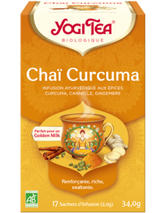 YOGI TEA Chaï Curcuma- Infusion BIO aux épices Curcuma, cannelle, gingembre-boîte orange avec un bol d'infusion.