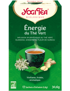 YOGI TEA Energie du Thé Vert |Guarana, Gingembre, Fleur de Sureau-boîte verte avec un bol de thé.
