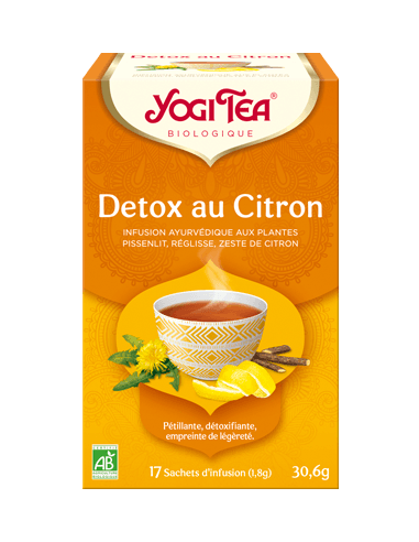 YOGI TEA Detox au Citron - Pissenlit, Reglisse, Zeste de Citron-boîte jaune orange avec un bol d'infusion.