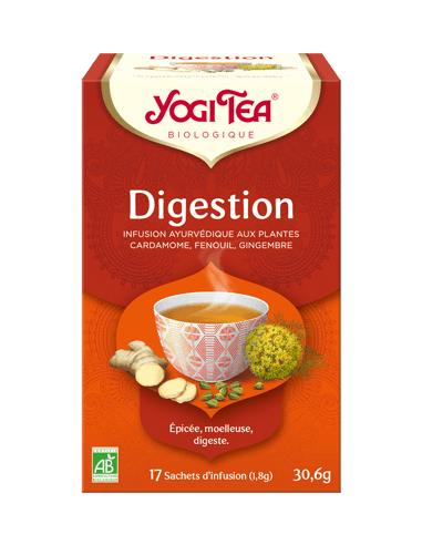 YOGI TEA Digestion - Infusion Digestion à la cardamome, fenouil et gingembre-boîte orange avec un bol d'infusion.