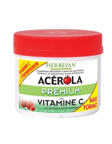 HERBESAN Acérola Premium à la Vitamine C - Boite blanche, étiquette blanche et verte et couvercle rouge