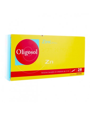 OLIGOSOL Zinc - Médicament complémentation en zinc-boîte jaune cercle te bande rouge et bleu ciel.