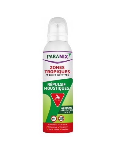 PARANIX Répulsif Anti-Moustiques Zones Tropiques et Zones Infestées - Spray aérosol blanc, vert et rouge avec moustique