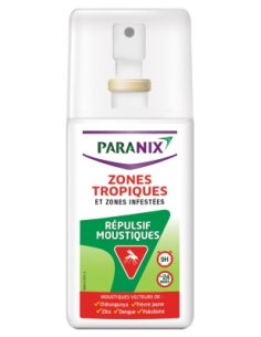 PARANIX Répulsif Anti-Moustiques Zones Tropiques et Zones Infestées 90ml - Flacon spray blanc vert et rouge avec un moustique
