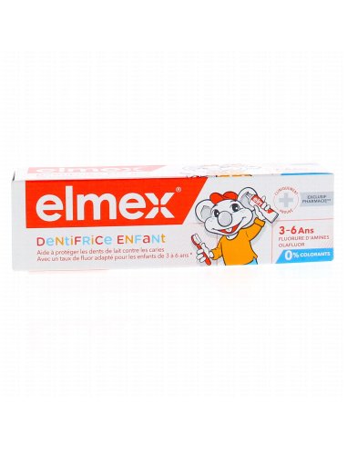 ELMEX Dentifrice Enfant 3 à 6 Ans - Boite blanche et rouge avec une souris dessiné dessus.