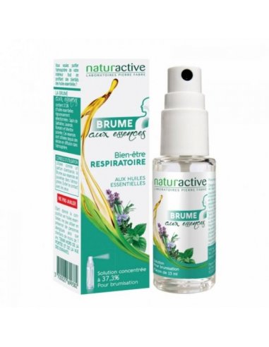 NATURACTIVE Brume aux Essences - Flacon spray étiquette blanche et verte, boîte blanche et verte avec fleur et huile